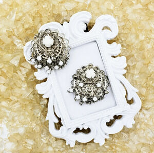 Vintage Silver Earrings | White Stones | Clip-On
